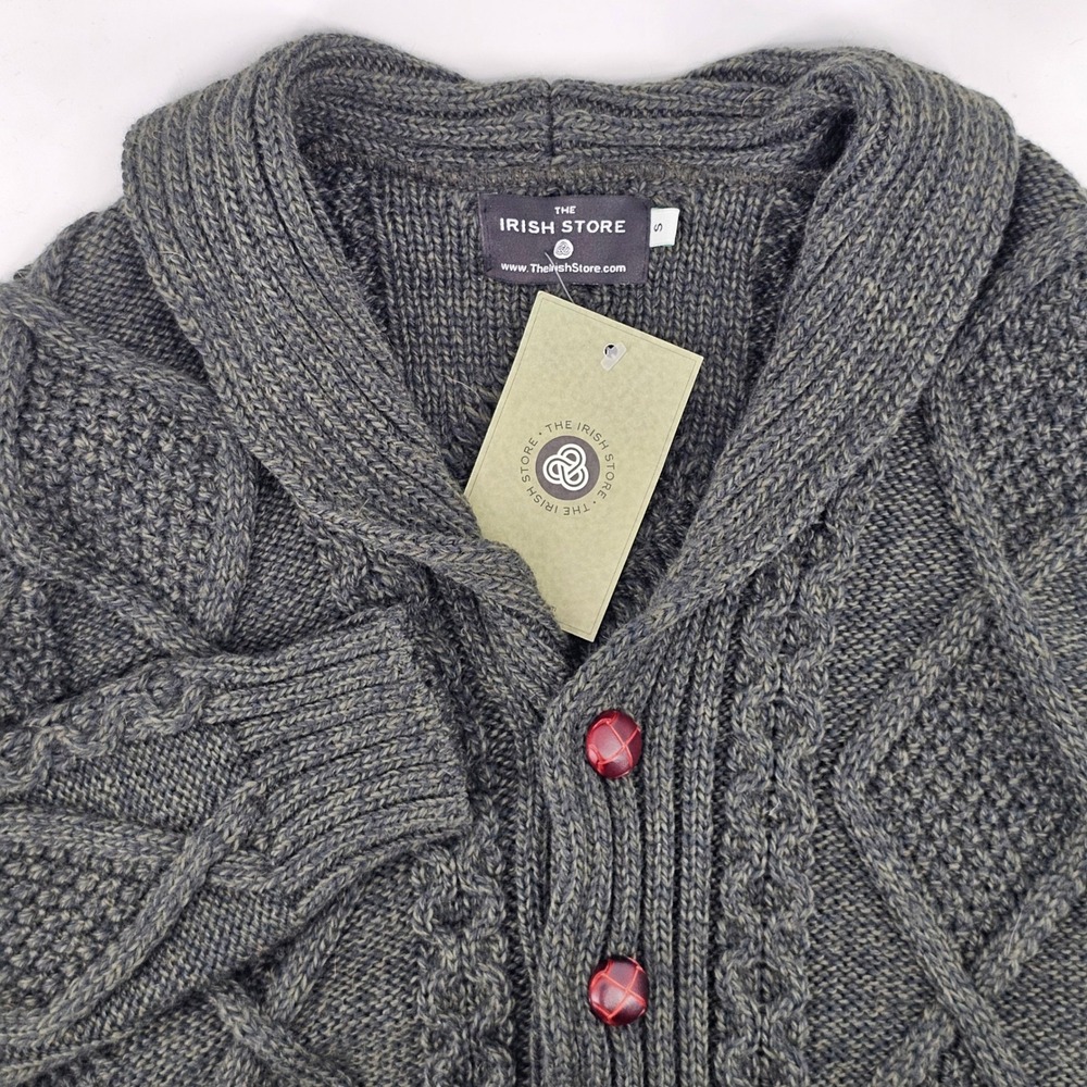 The Irish Store Aran Cardigan Men Small Grey Merino Wool Cable Knit Shawl Collar